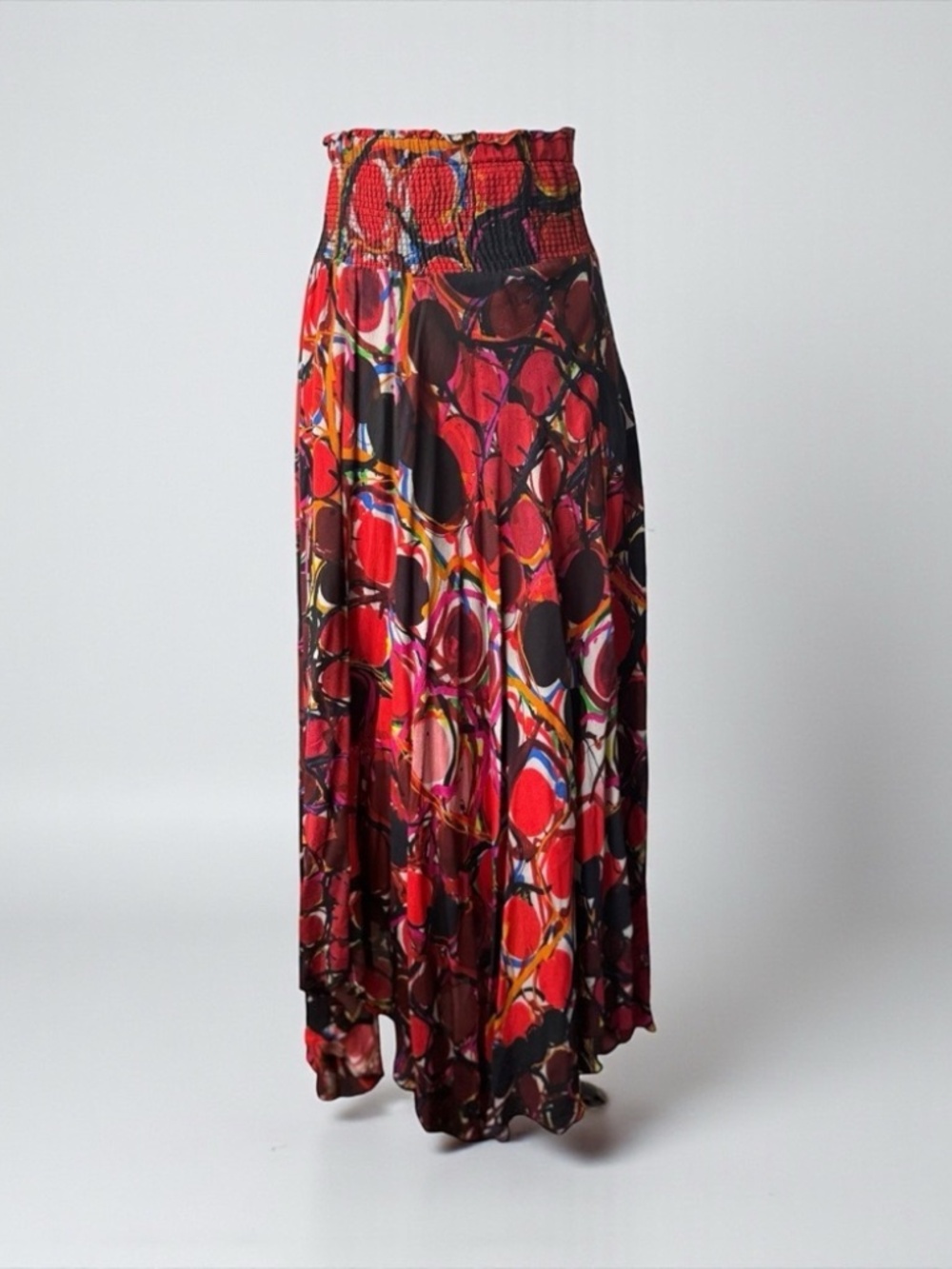 BL^NK London XS 100% Viscose Red Abstract Print Maxi Skirt Boho Smocked Waist